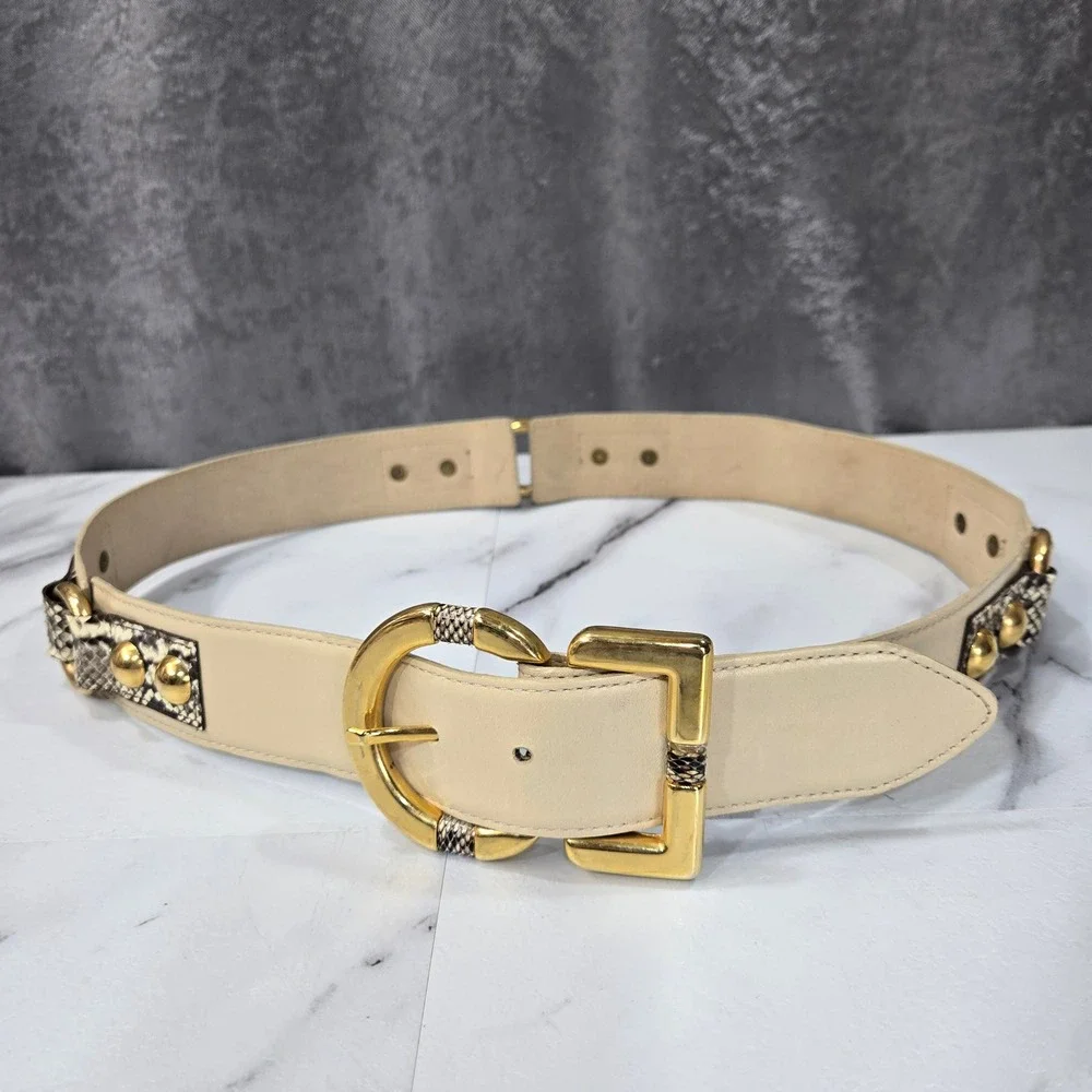 Vtg Avignon Leather Belt M Cream Snakeskin Print Gold Studs Western Cowboy Boho